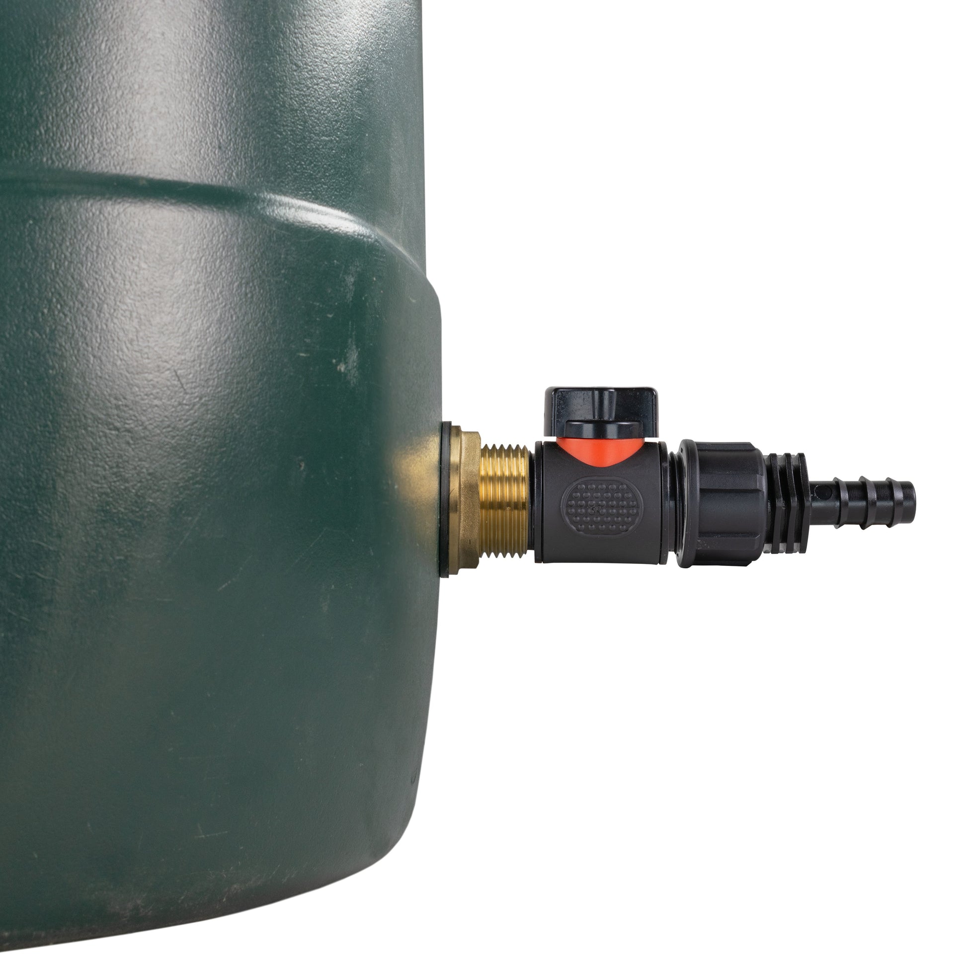 Close view of brass 1" BSP inlet thread with black inline valve and 16mm barb