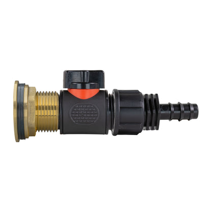 Brass 1in BSP threaded water butt kit with inline valve and 16mm barb connector