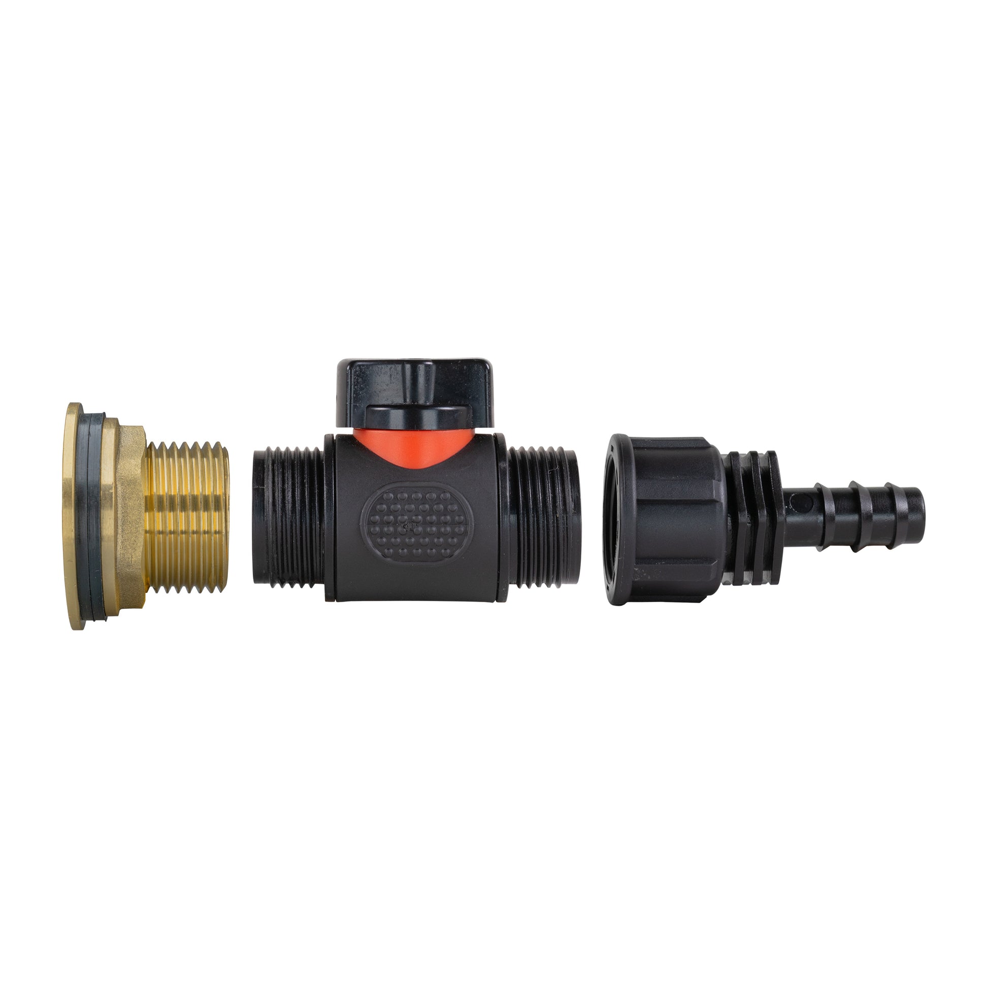 Water butt brass kit with inline valve and 16mm barbed hose tail, front view