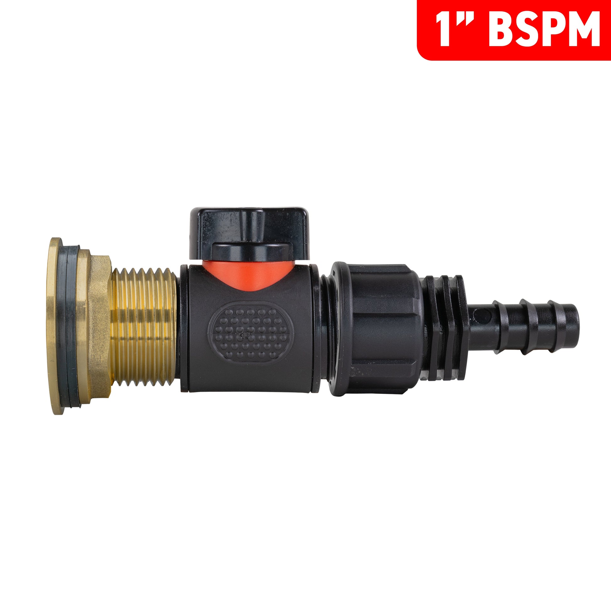 Brass inline valve with 1" BSPM external thread and black 16mm barbed outlet