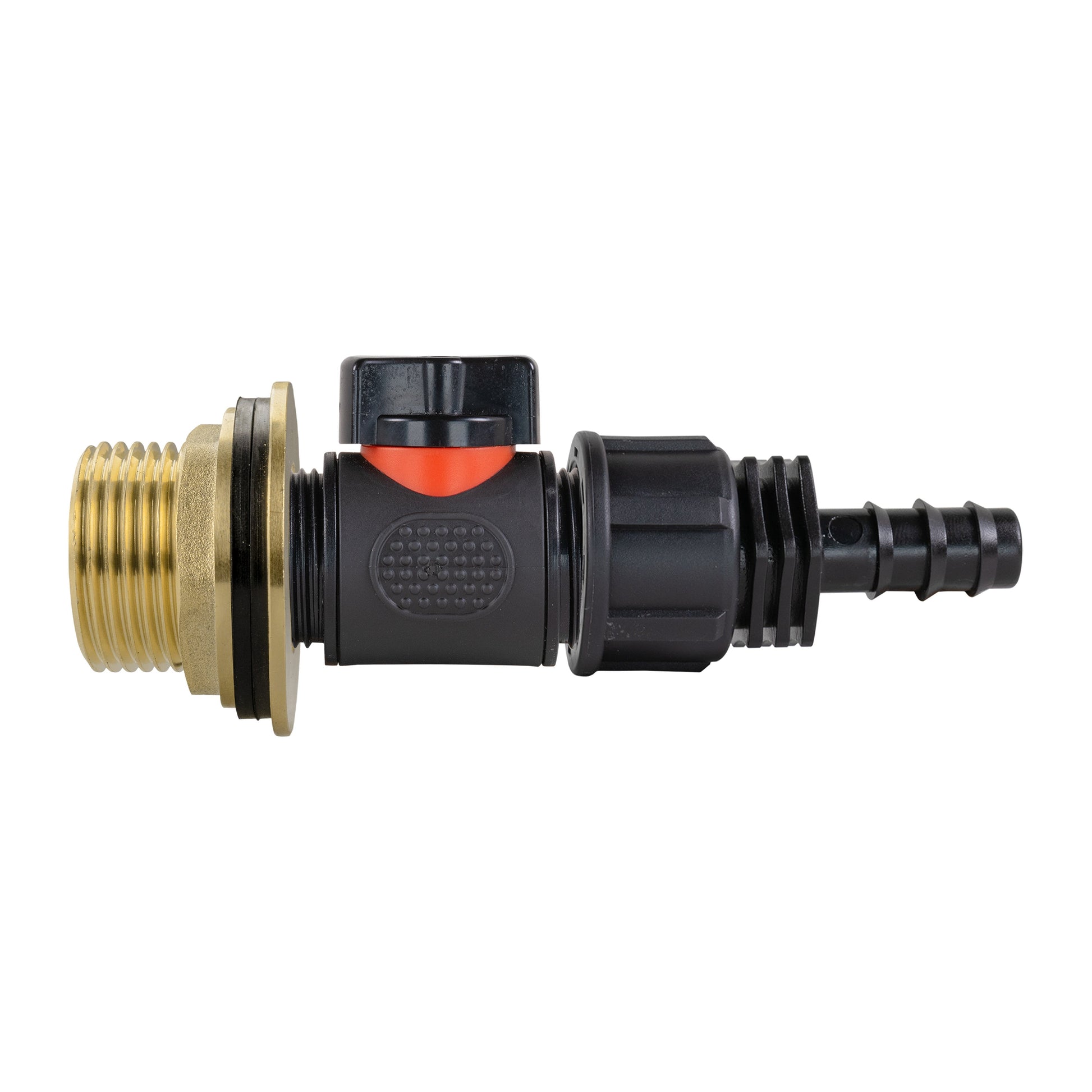 Brass 1" BSP inlet coupling with black inline valve and 16mm barbed connector