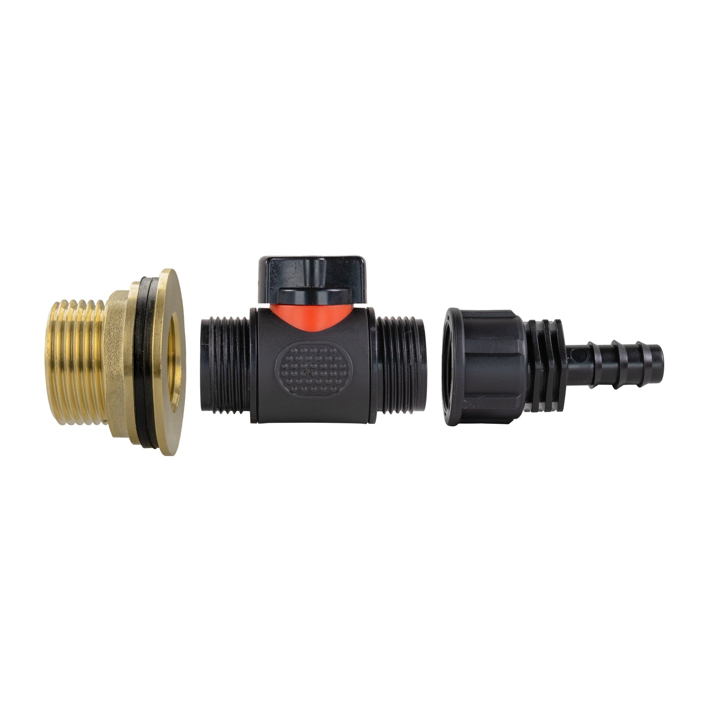 Water butt brass inlet with black inline valve and 16mm barbed hose connection