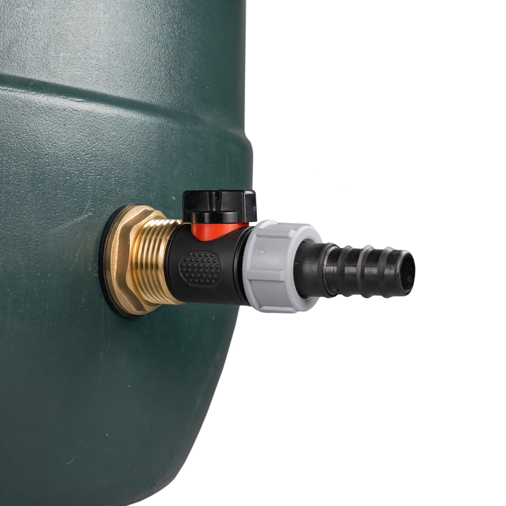 Brass inlet with inline valve and 20mm barb connector, shown on a water butt