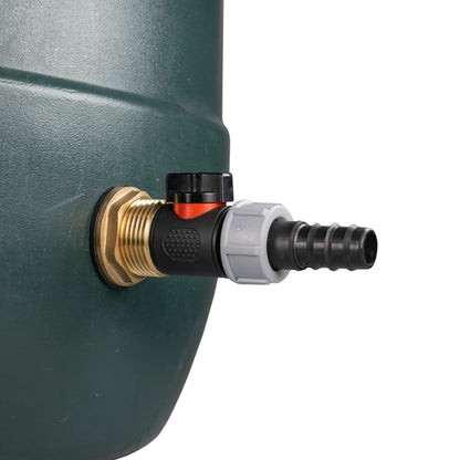 Brass inlet with inline valve and 20mm barb connector, shown on a water butt