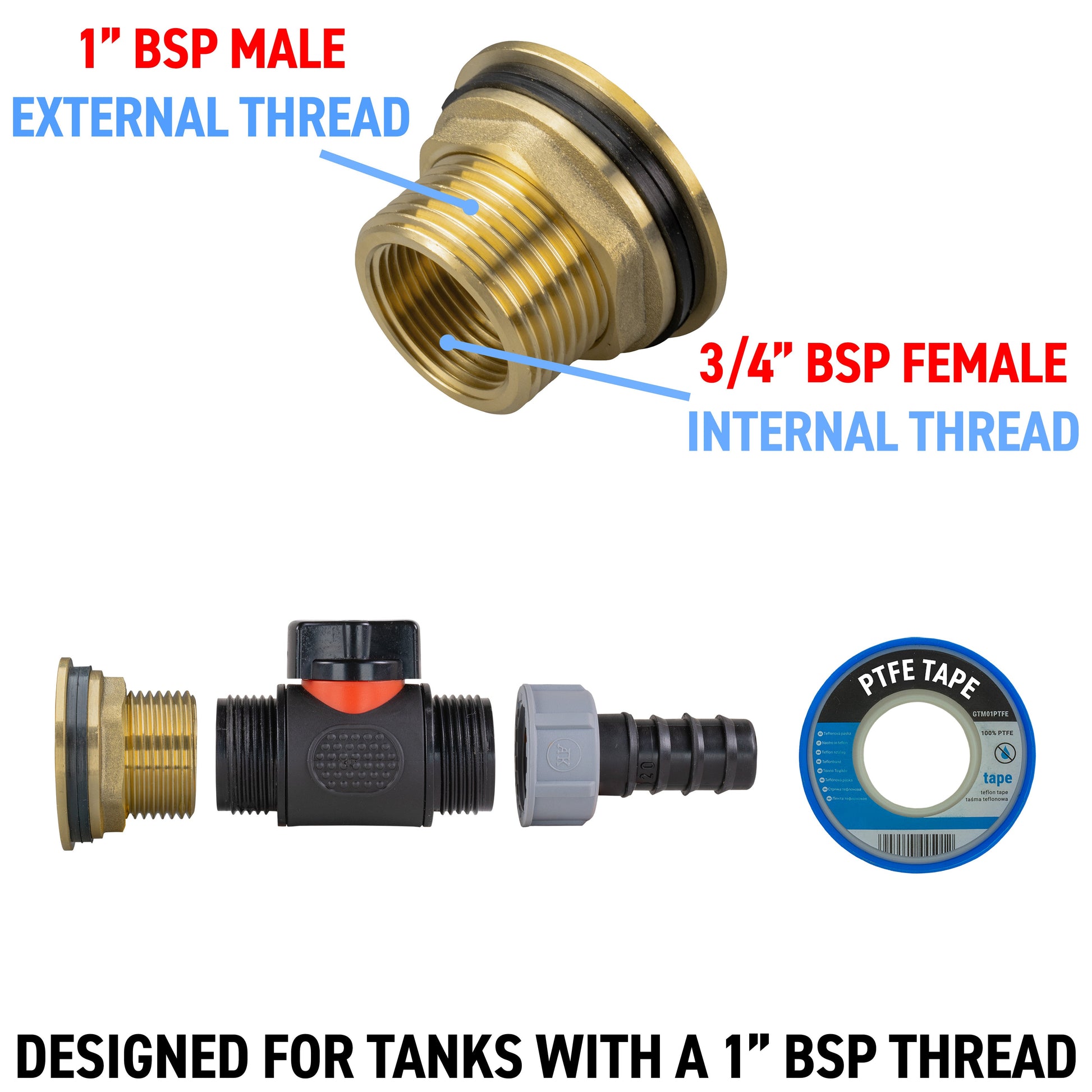 1 in BSP male and 3/4 in BSP female threaded brass fitting with inline valve