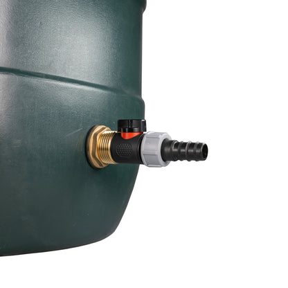 Inline valve water butt tap fitting with brass threads and 20mm barb outlet