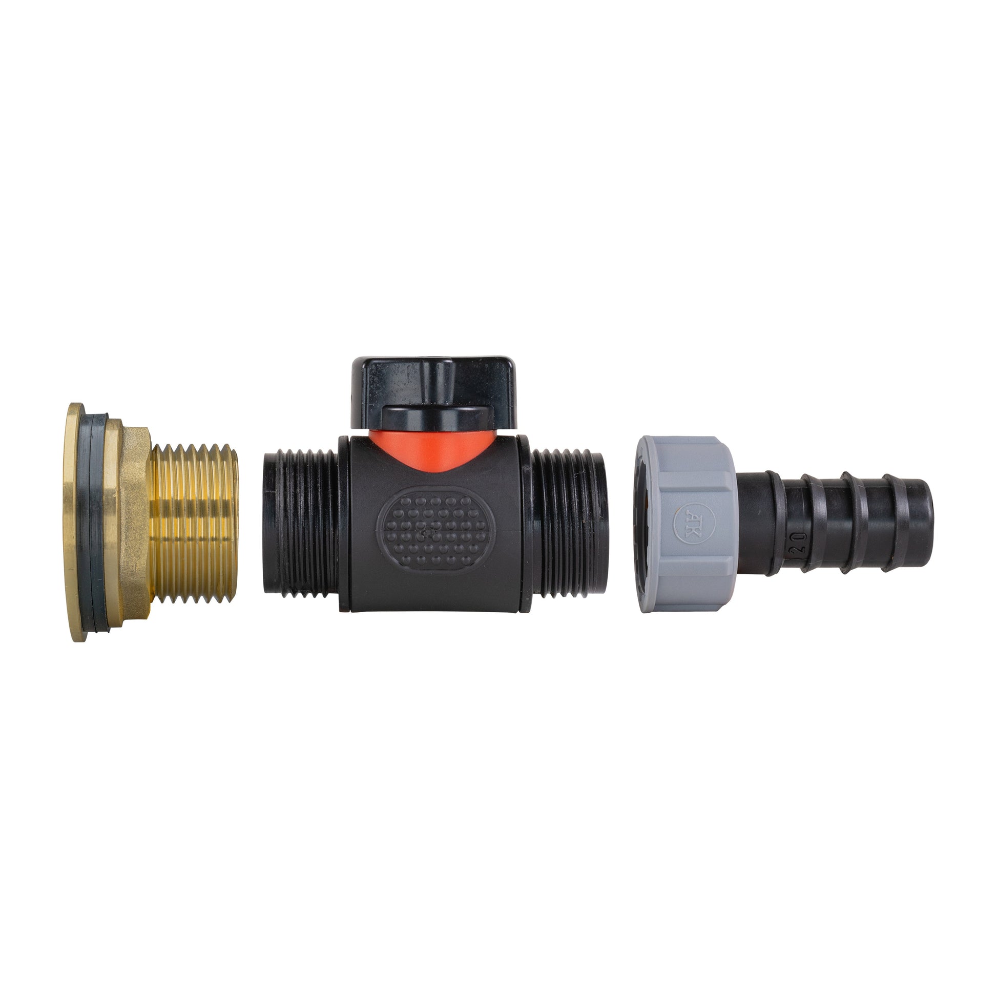 Water butt brass kit: inline valve with 20mm barb hose connection