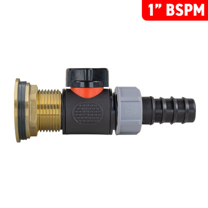 Compact view of inline valve fitting with 1 in BSP thread and 20mm barb