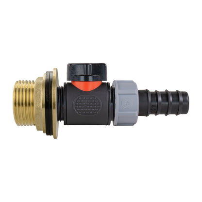 Water butt brass kit with inline valve, male thread, and 20mm barb hose tail