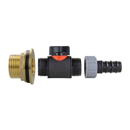 Inline valve water butt connector with brass inlet thread and 20mm barb outlet