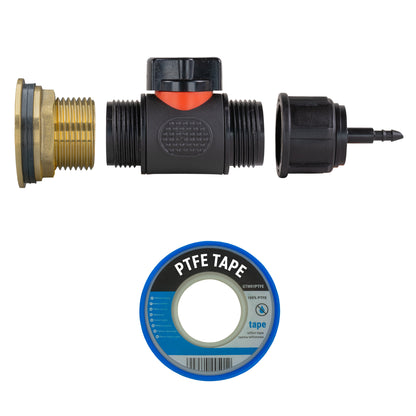 1-inch brass water butt adapter with inline valve, 4mm barb and PTFE tape