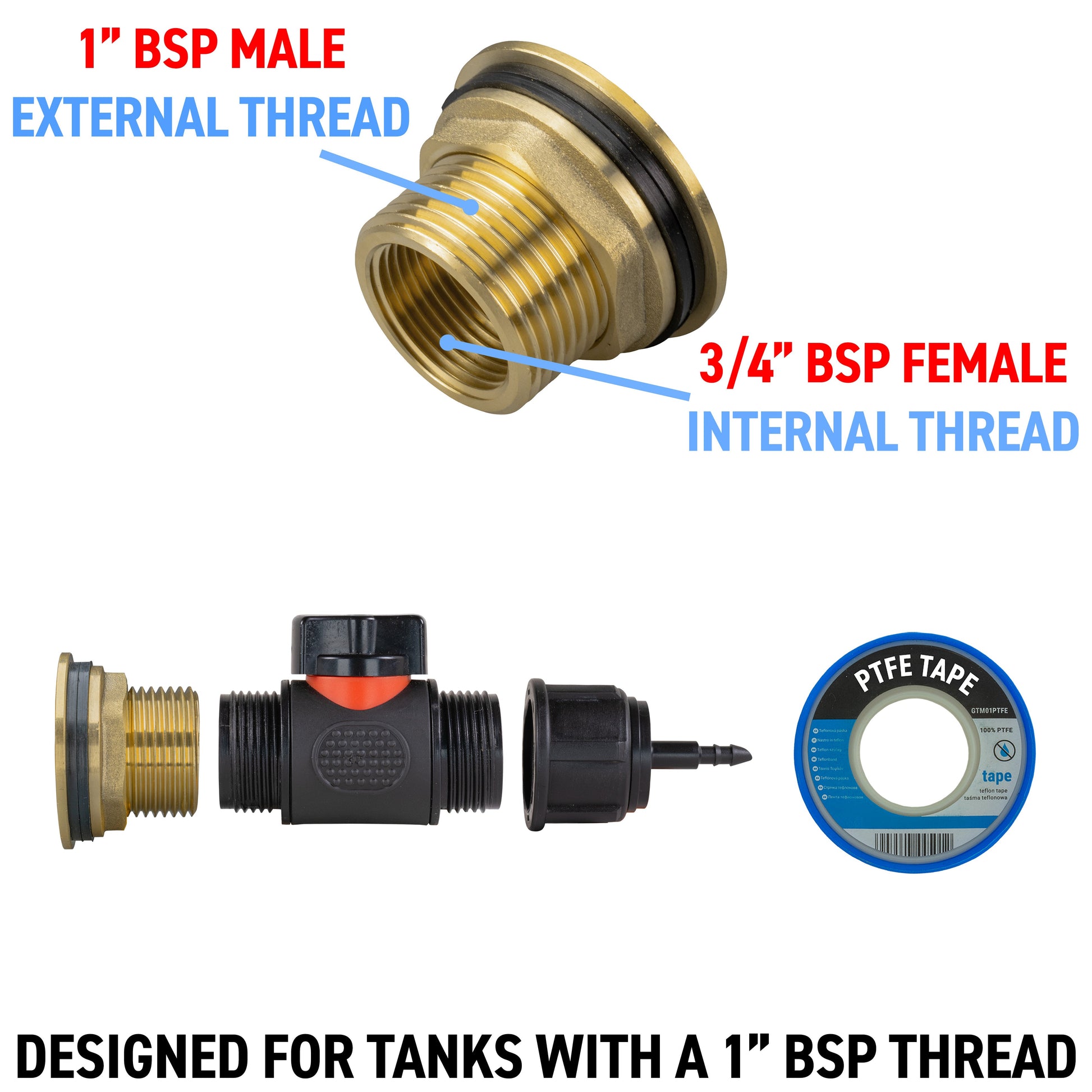 Brass thread adapter showing 1" BSP male and 3/4" BSP female internal thread