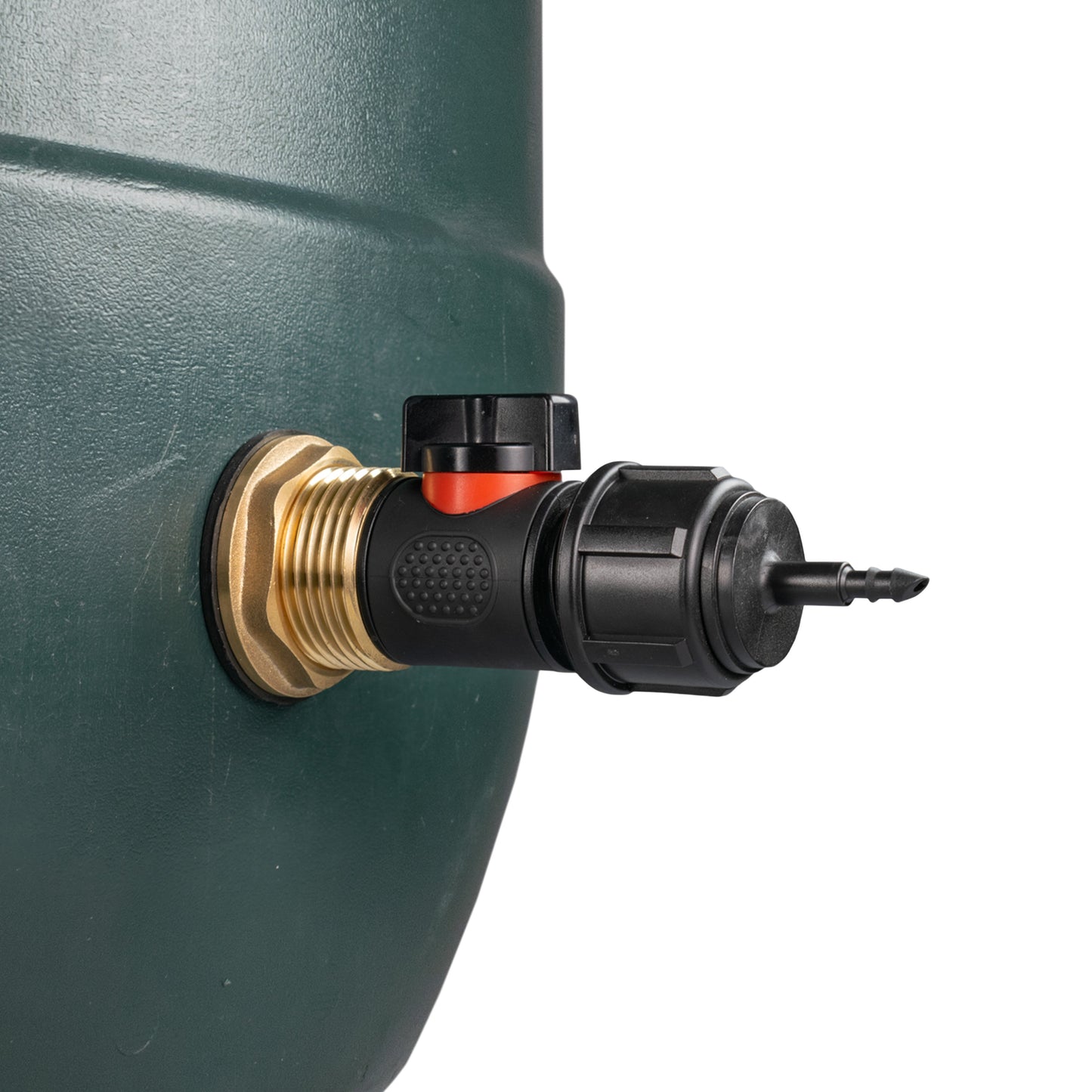 Inline valve brass water butt connector fitted to tank wall with push-fit outlet