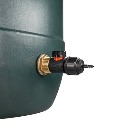 Brass water butt inline valve with 4mm barb outlet mounted on tank