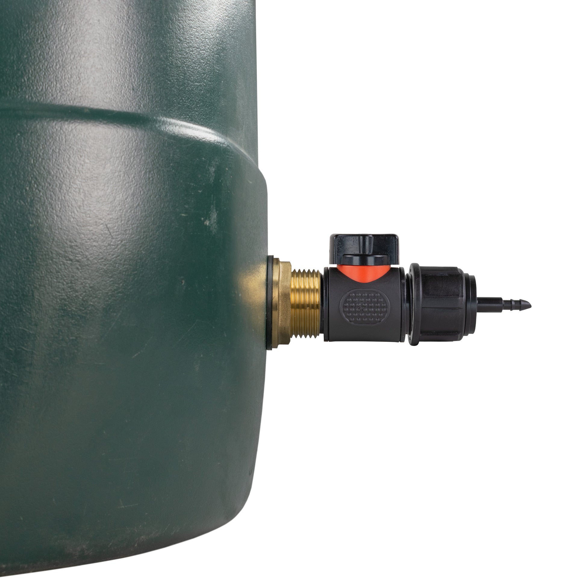 Brass connector and inline valve with 4mm barb outlet, close-up view
