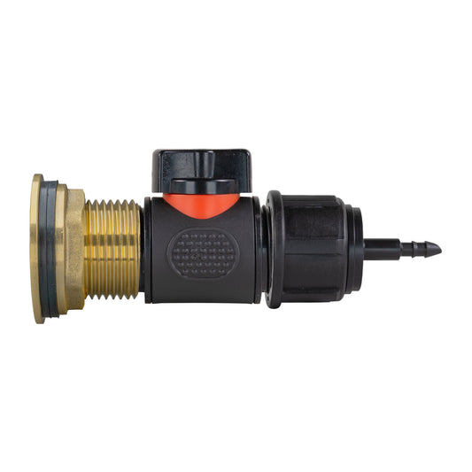 1 inch brass water butt kit with in-line valve and 4mm barbed hose connector