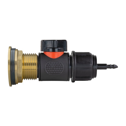 Water butt brass inline valve connector with 4mm barb and angled push-fit spout