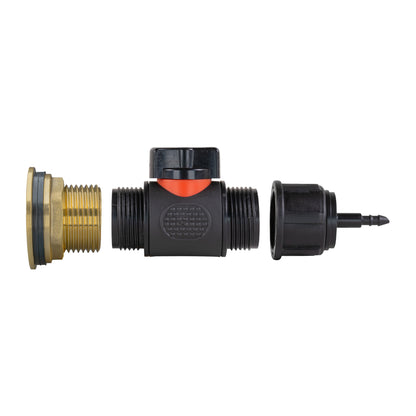 Water butt brass inline valve kit with 4mm barb and black push-fit outlet