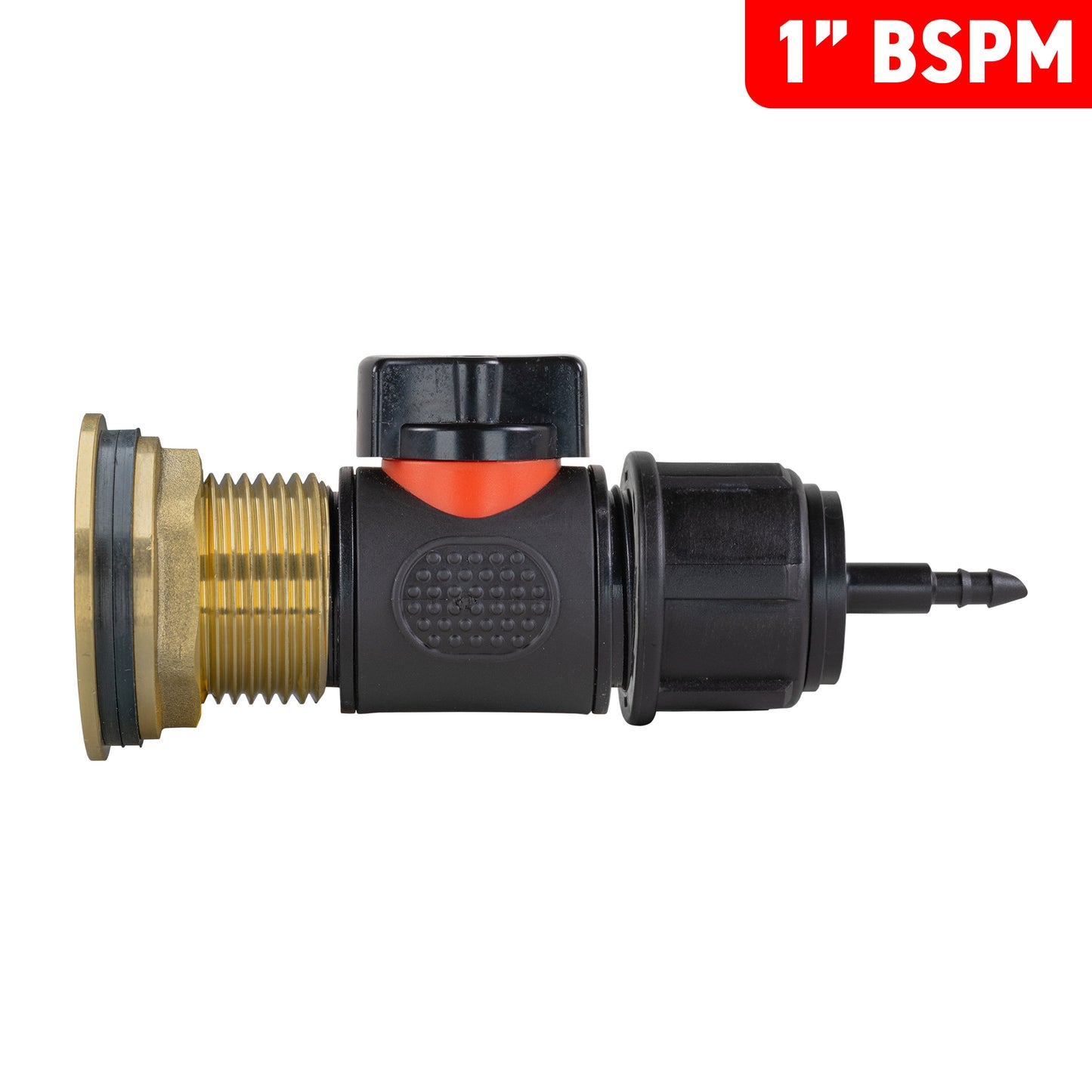 1" BSPM water butt brass inline valve with black push-fit barb outlet
