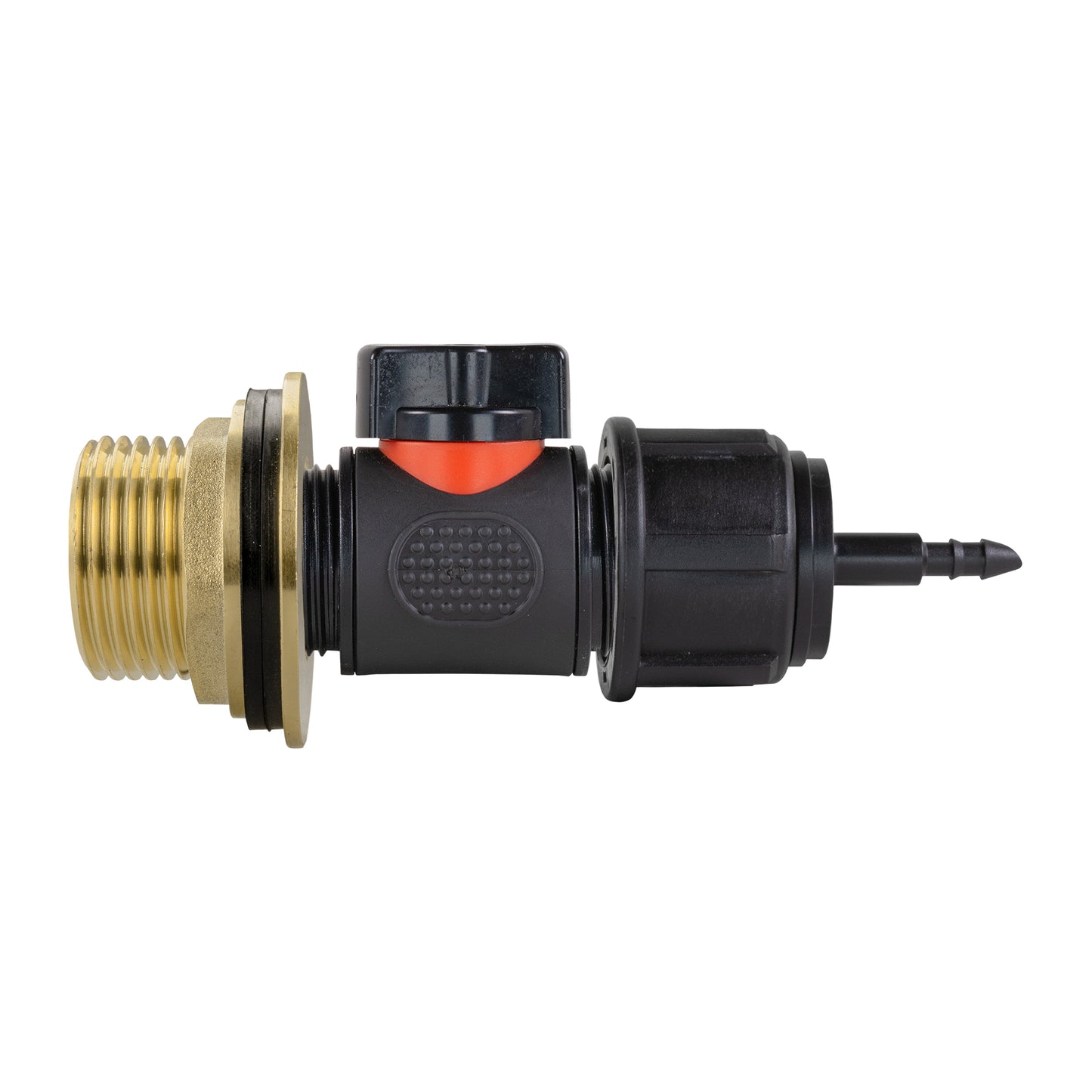 Close-up of brass water butt inlet fitting with inline valve and 4mm barb outlet
