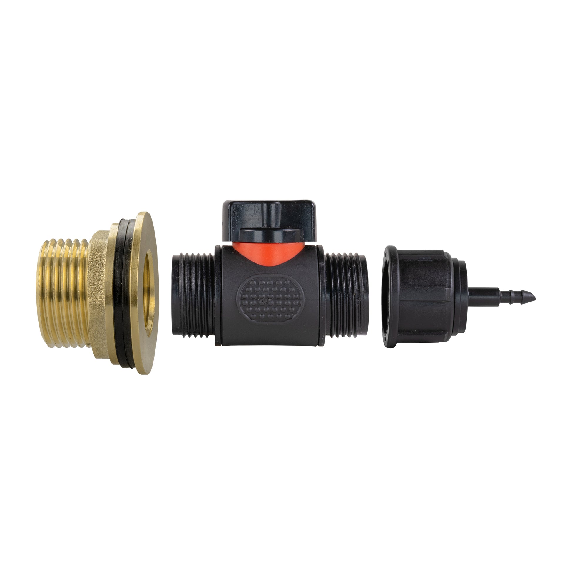 Brass tank fitting with inline valve and black barb outlet, 4mm push connection
