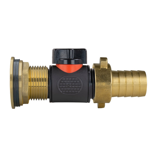 1" water butt brass kit with inline valve and 3/4" brass barb connectors