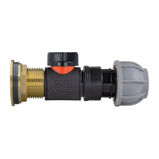 Water butt brass kit with inline valve, 1 inch BSP male thread and grey push-fit outlet