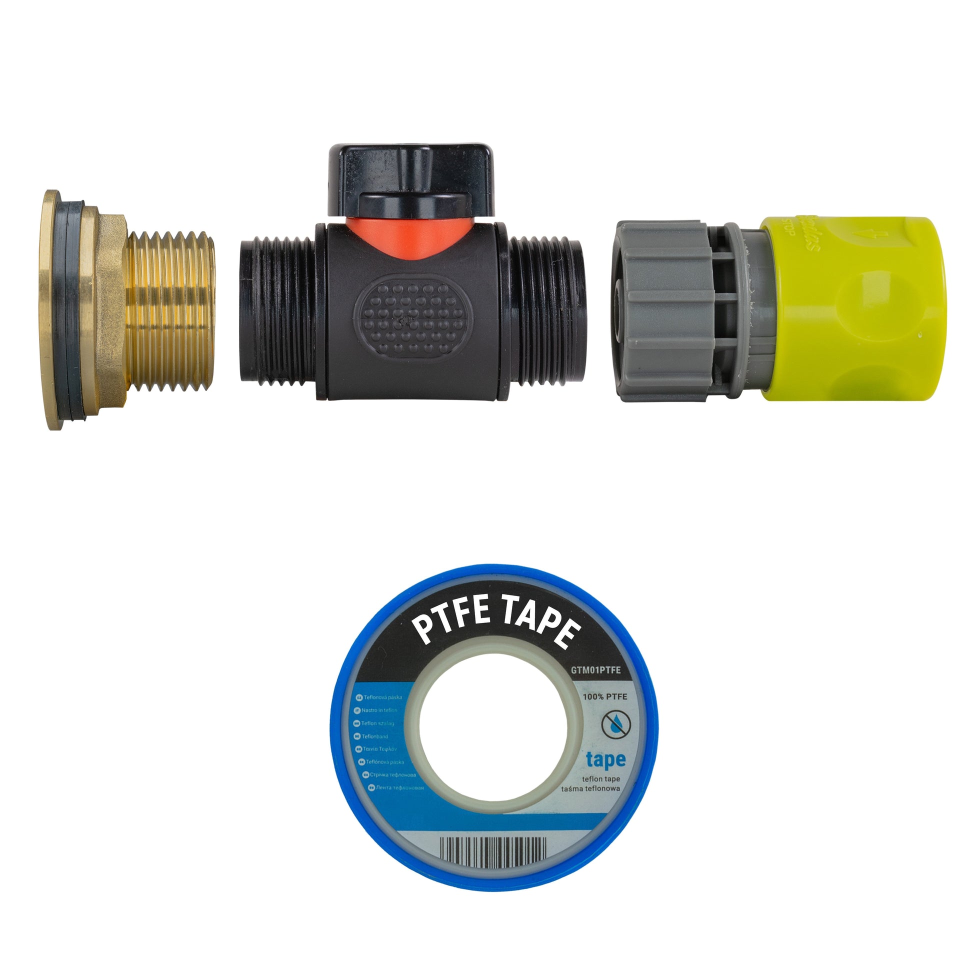 Water butt brass kit with inline valve, lime quick connector, and PTFE tape