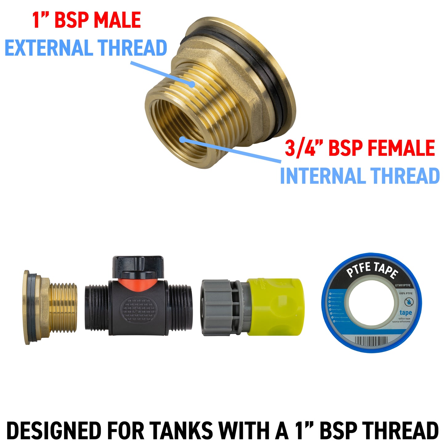 Brass threaded adaptor: 1" BSP male to 3/4" BSP female internal thread