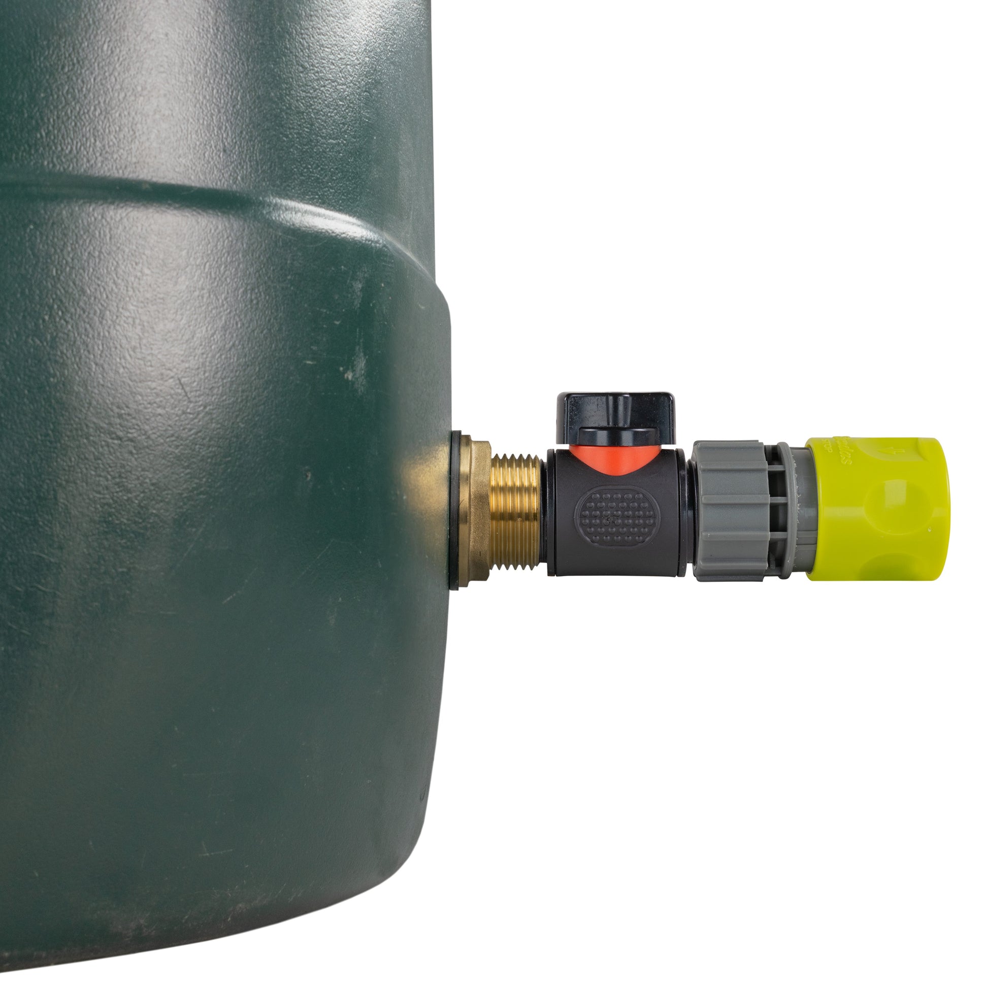 Brass inlet fitting with inline valve and lime quick connector outlet