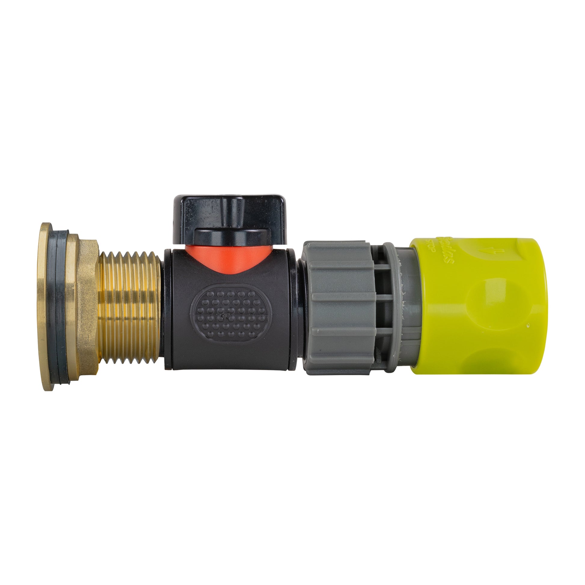 Water butt brass kit 1" BSP with inline valve and lime female quick connector
