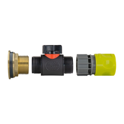 Water butt connector kit with inline valve, lime quick connector, and PTFE tape reel