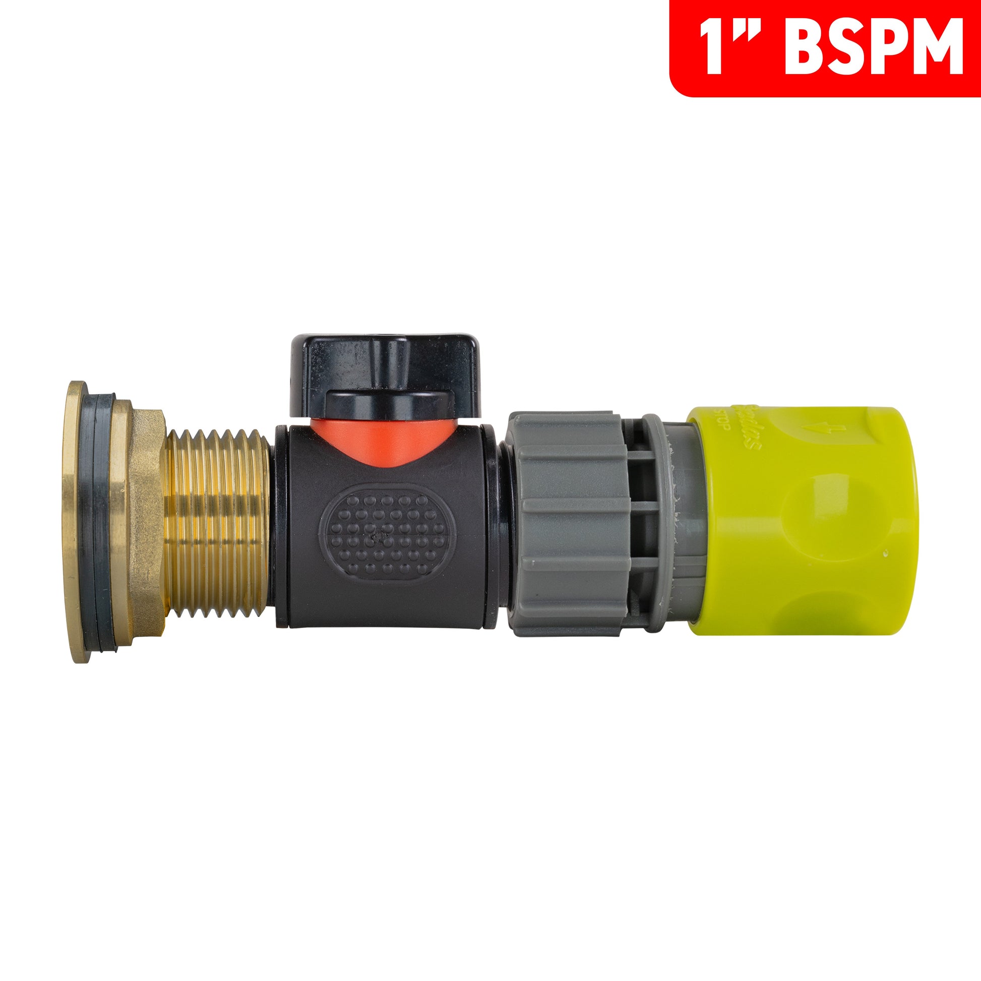 1" BSPM water butt brass kit with inline valve and lime female quick connector