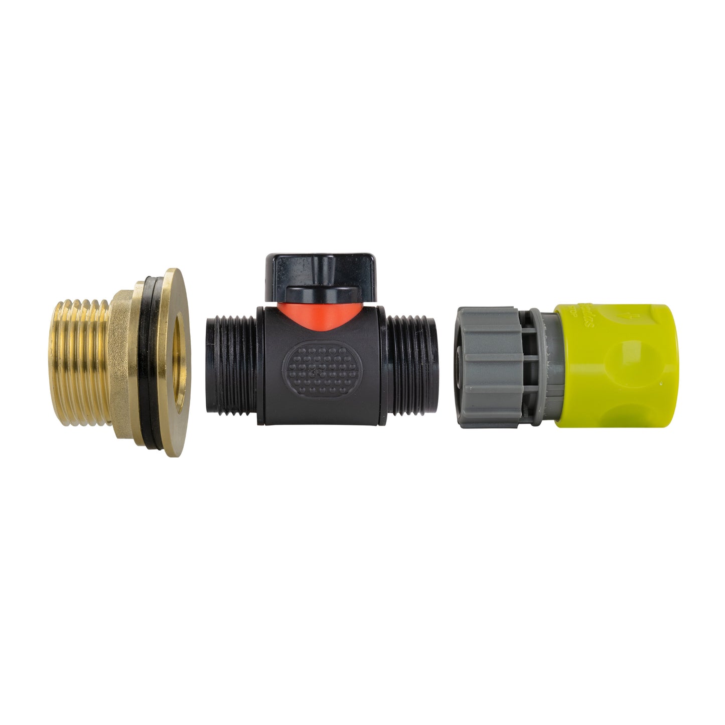 Water butt brass kit inline valve with lime quick connector and 1" BSP thread