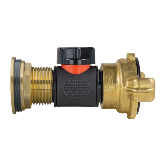 Brass water butt kit with inline valve; 1" threads and Geka-style outlet