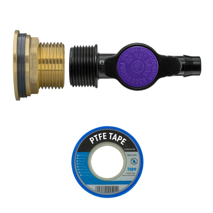 Brass 1" irrigation valve adapter with 13mm barb outlet and PTFE tape