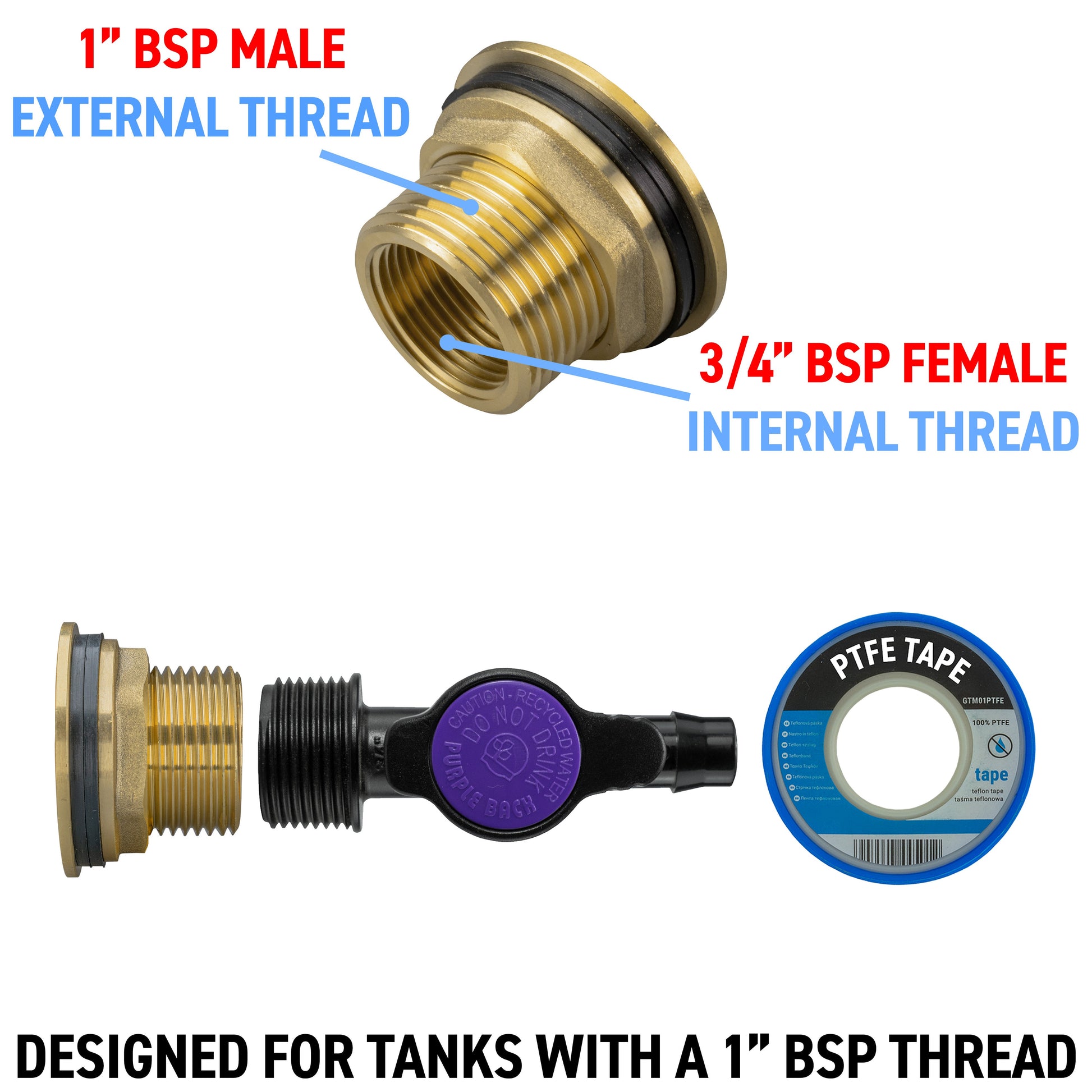 Thread adapter showing 1" BSP male external thread to 3/4" BSP female internal