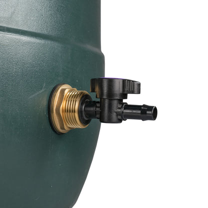 Brass tank fitting with black irrigation valve and 13mm barb outlet