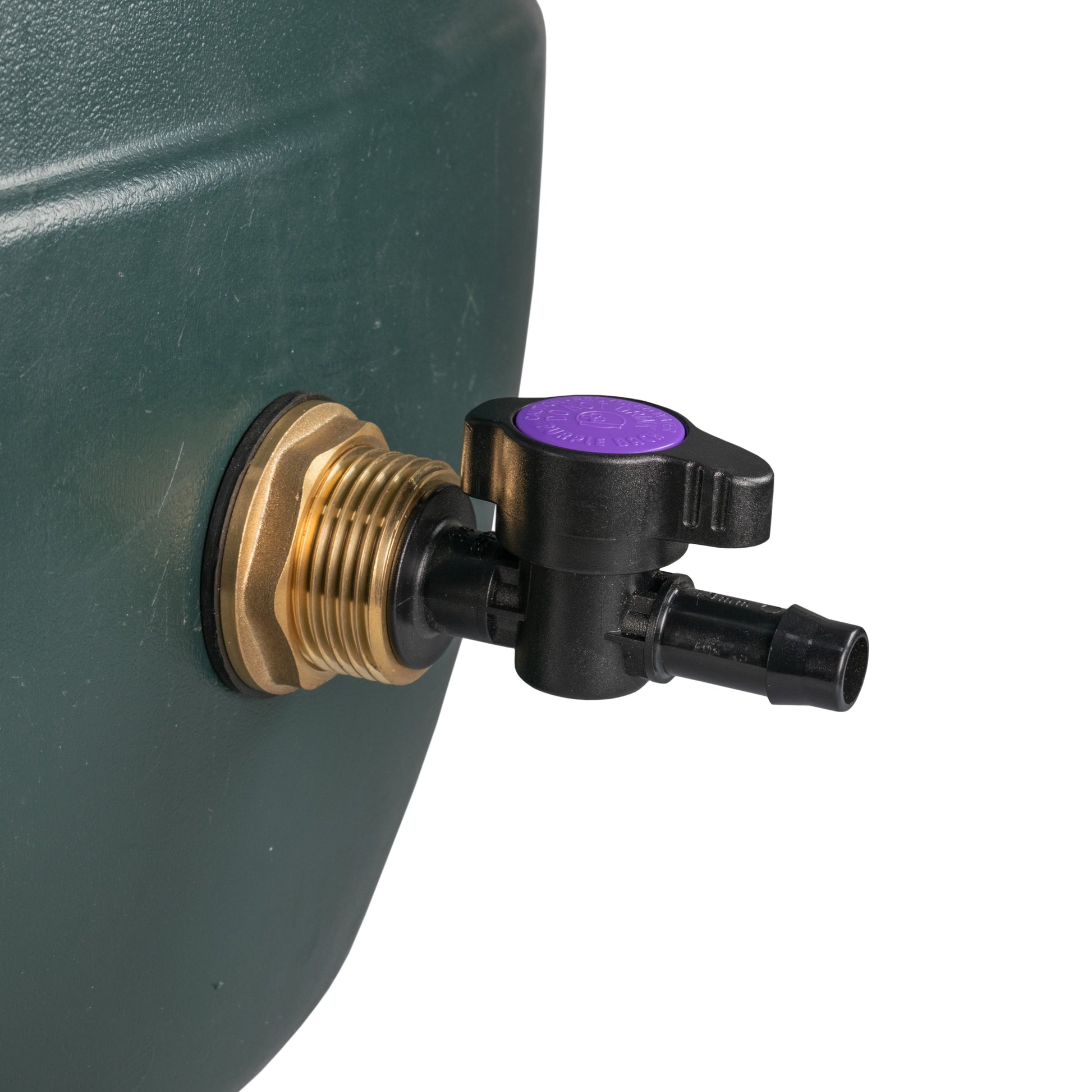 Close-up of brass tank inlet with black irrigation valve and purple handle