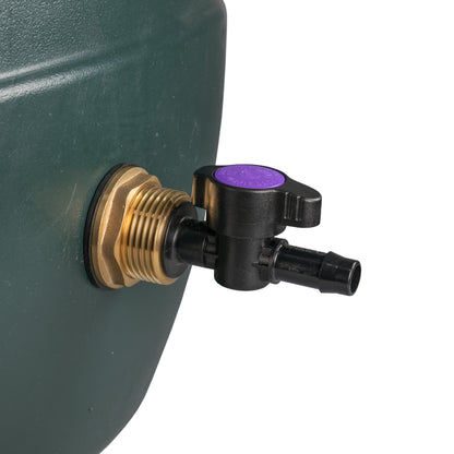 Close-up of brass tank inlet with black irrigation valve and purple handle