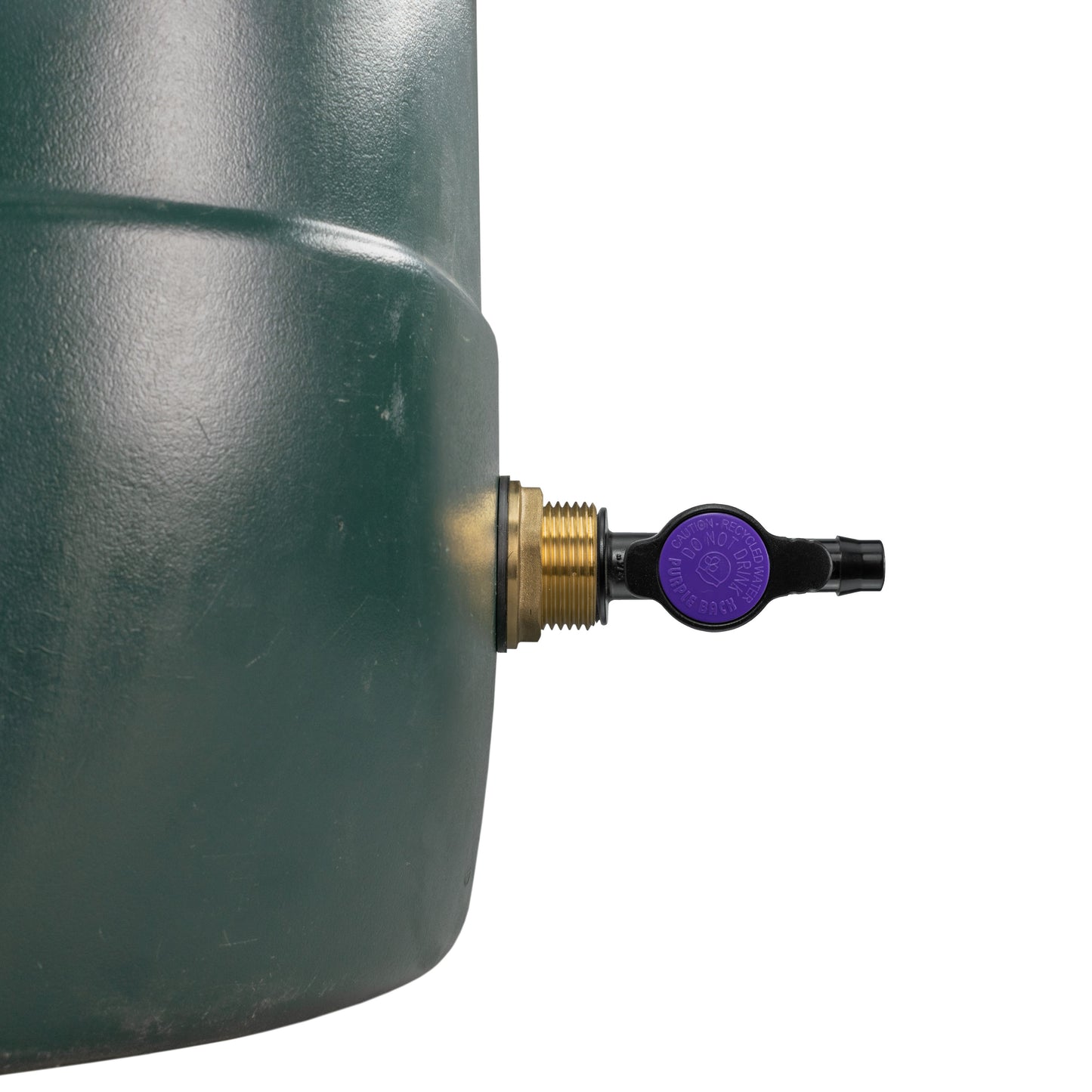 Valve outlet with black barb connector attached to brass tank inlet