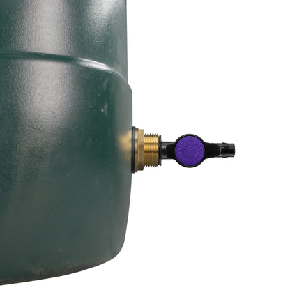 Valve outlet with black barb connector attached to brass tank inlet