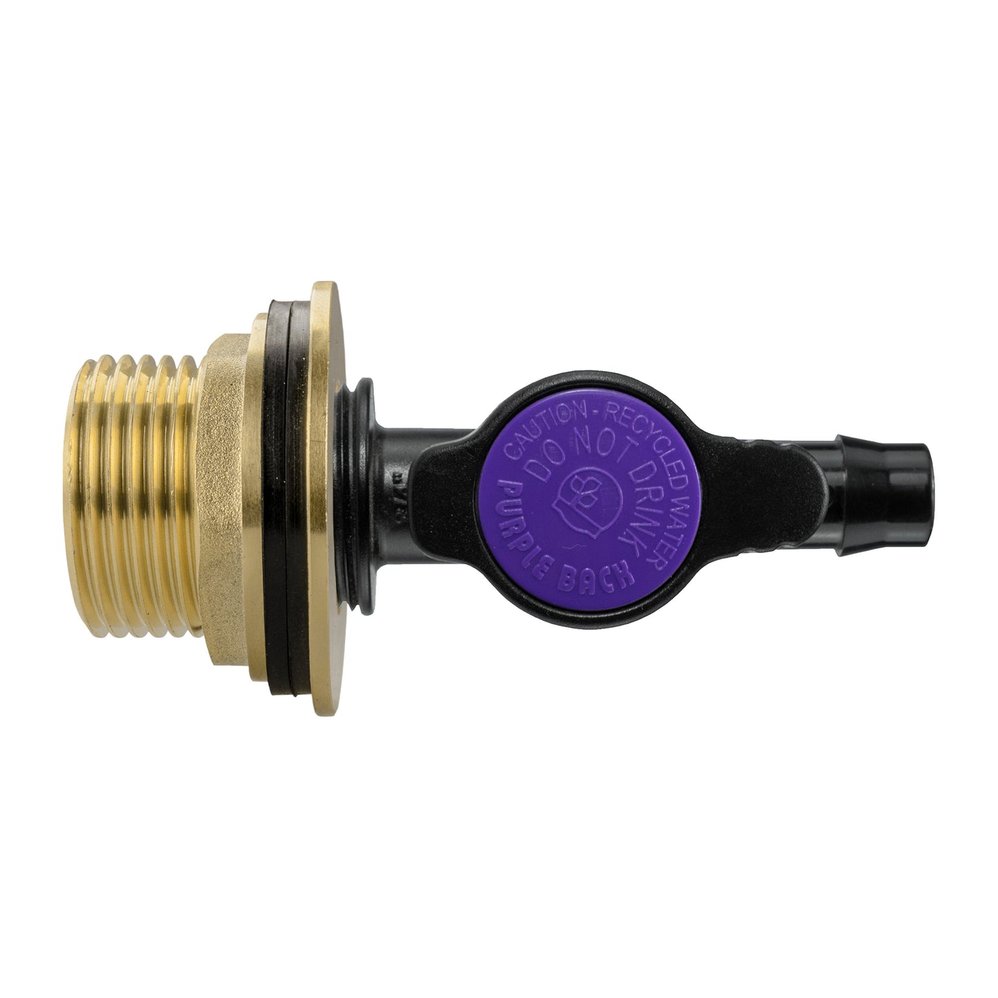 Brass threaded connector with black valve body and purple label, 13mm barb