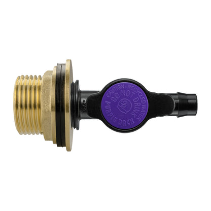 Brass threaded connector with black valve body and purple label, 13mm barb