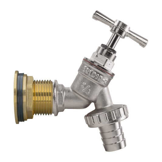 Water butt brass kit tap with nickel-plated body and barbed outlets, 1 in brass thread