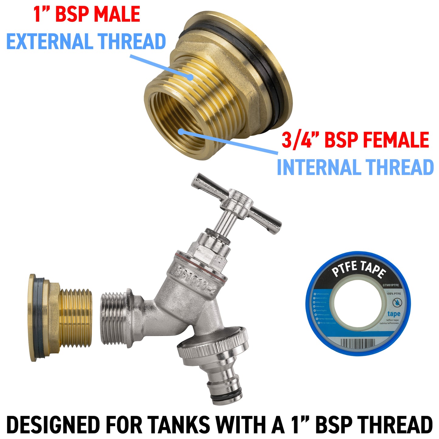 1" BSP male external thread to 3/4" BSP female internal thread adapter kit