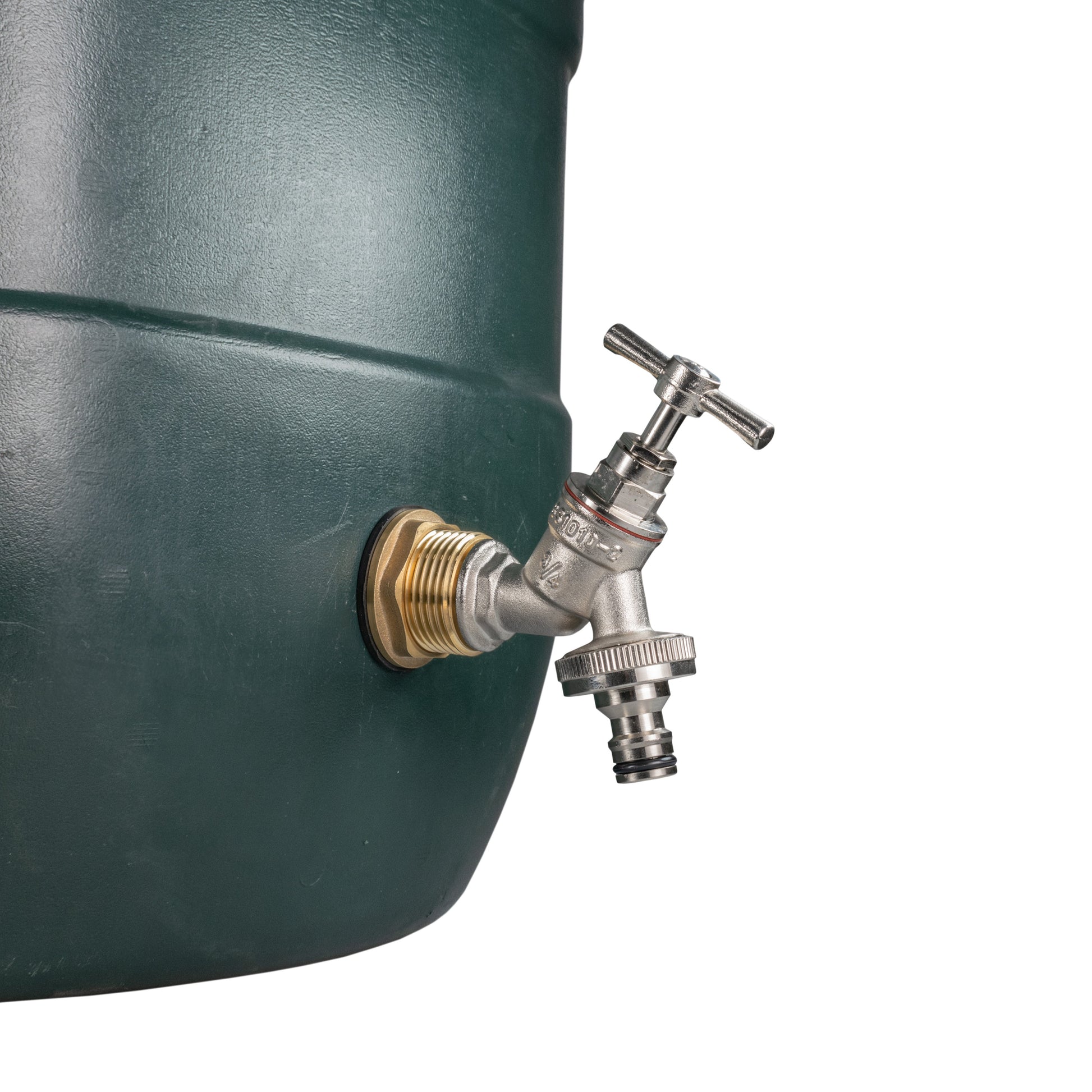 Threaded brass inlet with nickel-plated quick-connect tap for water butt