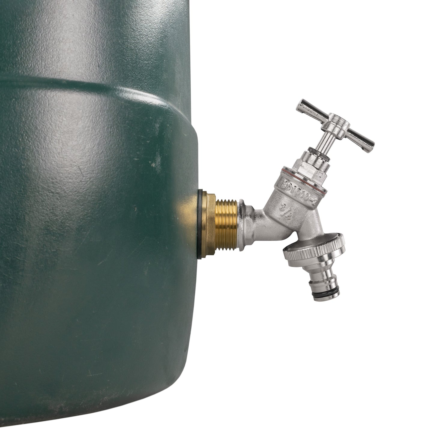 Nickel quick-connect tap fitting attached to water butt inlet and outlet ports