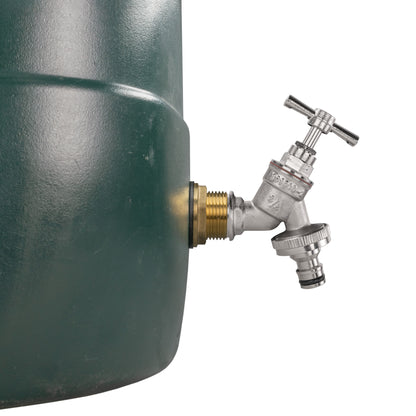 Nickel quick-connect tap fitting attached to water butt inlet and outlet ports