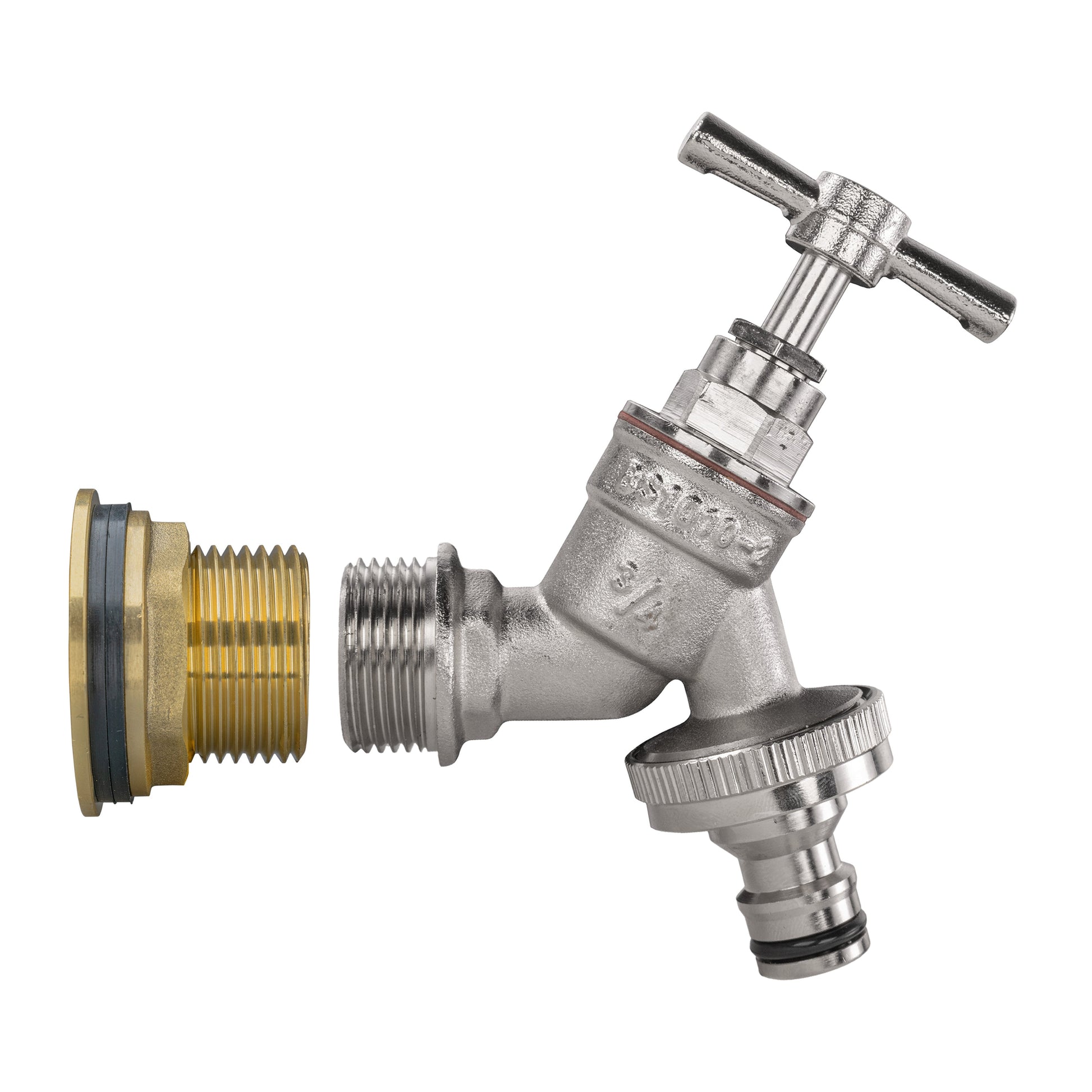 Nickel-plated quick-connect tap with brass adaptor and threaded connections